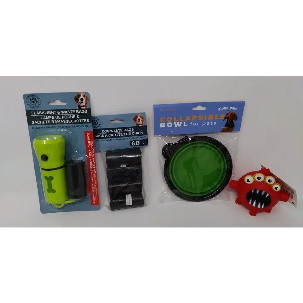 Dog Accessories Set 4 Item Lot Includes Portable Bowl, Flashlight, Poo Bags, Toy